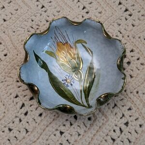 Vintage Hand Painted Floral Ceramic Scalloped Bowl Gold Gilt Trim Signed 80/11